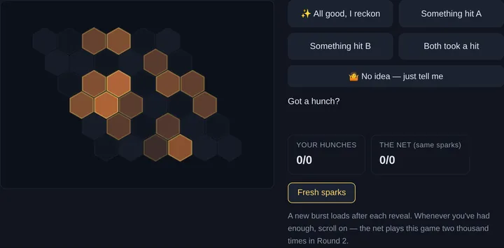 The Error-Hunting Game: a honeycomb of glowing alarm sparks beside the answer buttons